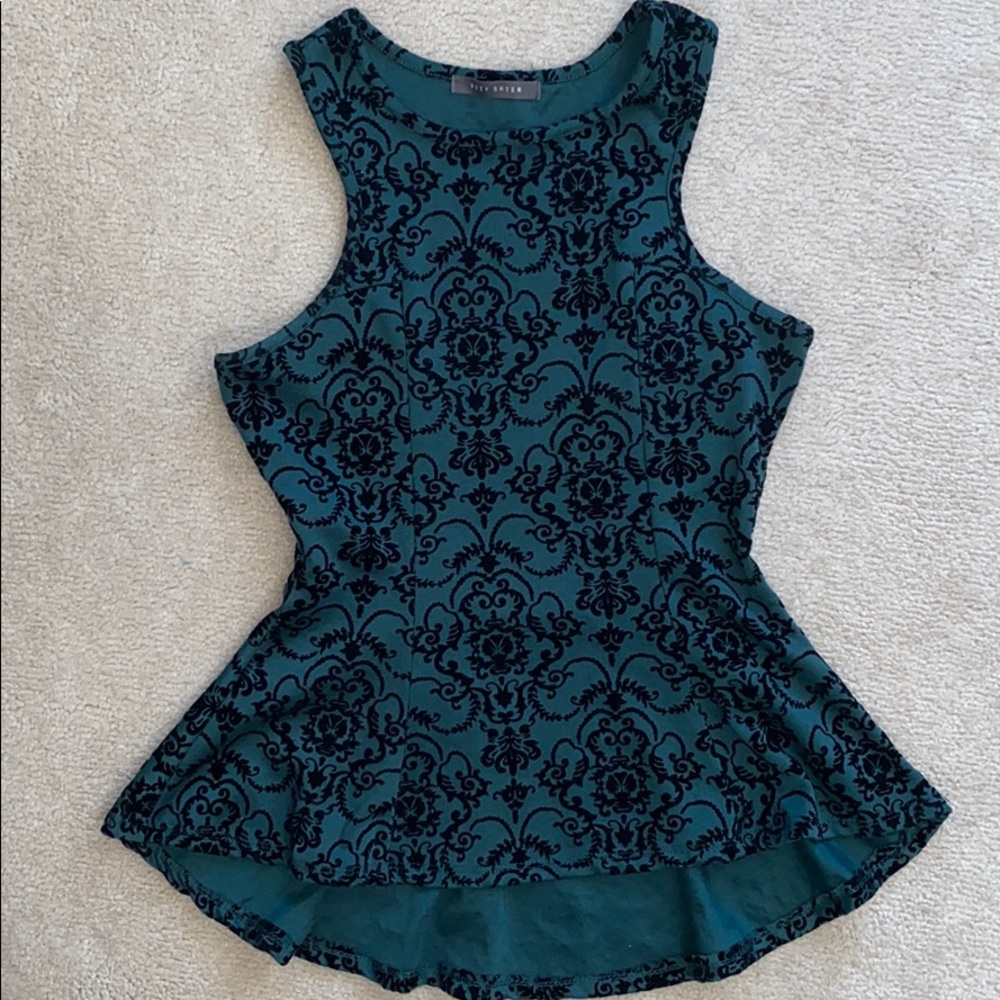 Emerald green velvet patterned peplum blouse